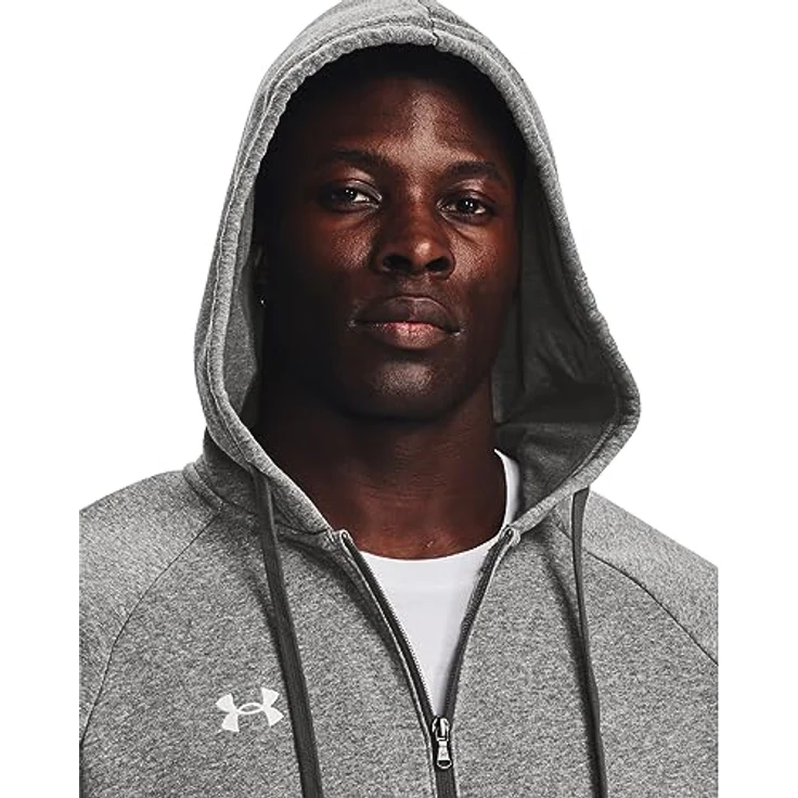 Under Armour Rival Fleece Full Zip Kapuzenjacke Herren, graues Fleece-Material, Rippstrick-Bündchen, Kapuze mit Tunnelzug, XXL – Bild 4