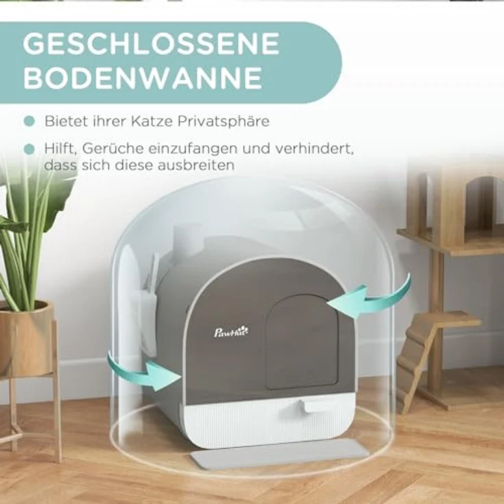 PawHut Katzentoilette Toilette mit Haube für Katzen bis 5 kg Katzenklo mit Deckel inkl. Schaufel ausziehbares Tablett Katzenstreu Matte Kunststoff Grau 43 x 44 x 47 cm – Bild 4