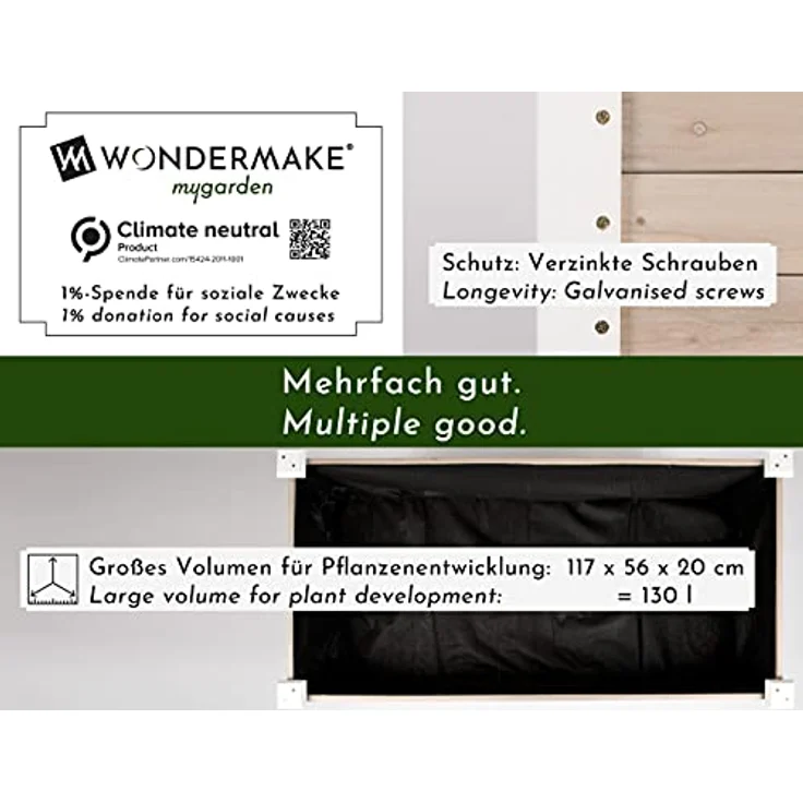 WONDERMAKE® Großes Hochbeet aus Holz für Garten Balkon Terrasse, Pflanzkasten Bausatz XL rechteckig schmal mit Vlies-Folie, Kräuterbeet Pflanzenkasten, 124 x 63 x 75 cm, weiß grau anthrazit – Bild 2