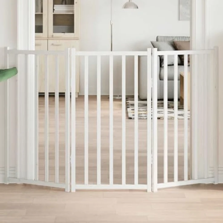 vidaXL Hundetor 3-TLG., Hundegitter Faltbar Pflegeleicht, Schutzgitter für Wohnzimmer Küche Treppe, Haustiertor Türschutzgitter, Weiß Massivholz Tanne – Bild 2