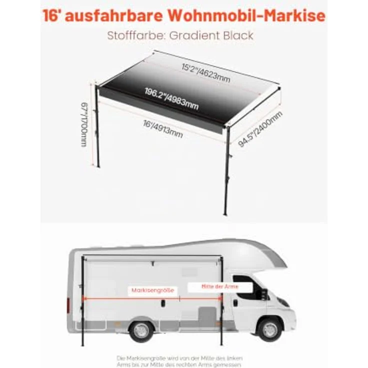 VEVOR Wohnwagen Markise, einziehbar, 487,7 cm, wasserdichter Sonnenschutz mit Aluminiumlegierungsrahmen, schwarz mit Farbverlauf – Bild 7