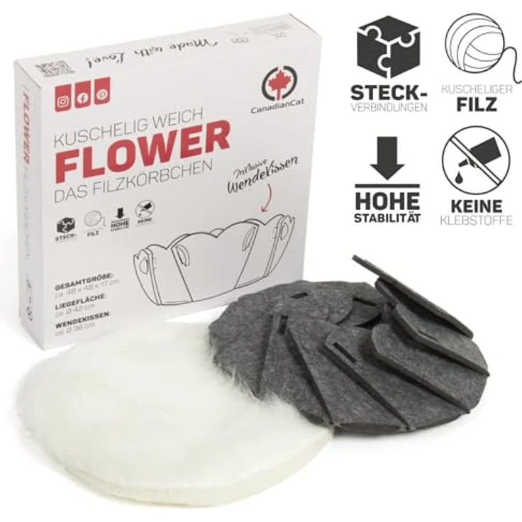 CanadianCat Company | Katzenkorb rund Katzenbett Flower Schlafkörbchen, grau, aus Filz inkl. Kissen, Ø 42 cm, ca. 48 x 48 x 17 cm – Bild 3