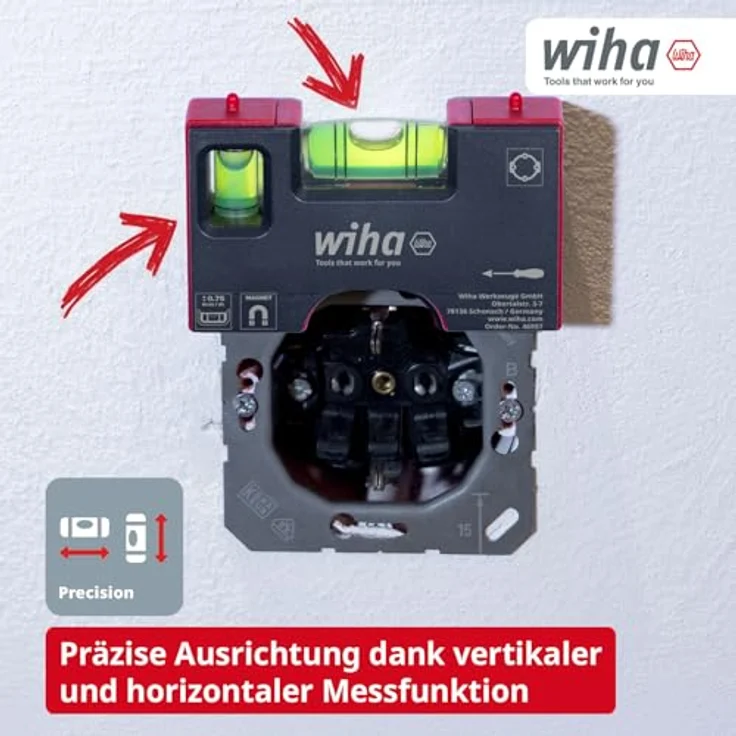 Wiha Mini Wasserwaage Pocket 10 cm, Magnet Wasserwaage mit 4-Ring-Libelle und vertikaler Libelle für präzises Ausrichten, ideal für Elektriker und Steckdosenmontage – Bild 2