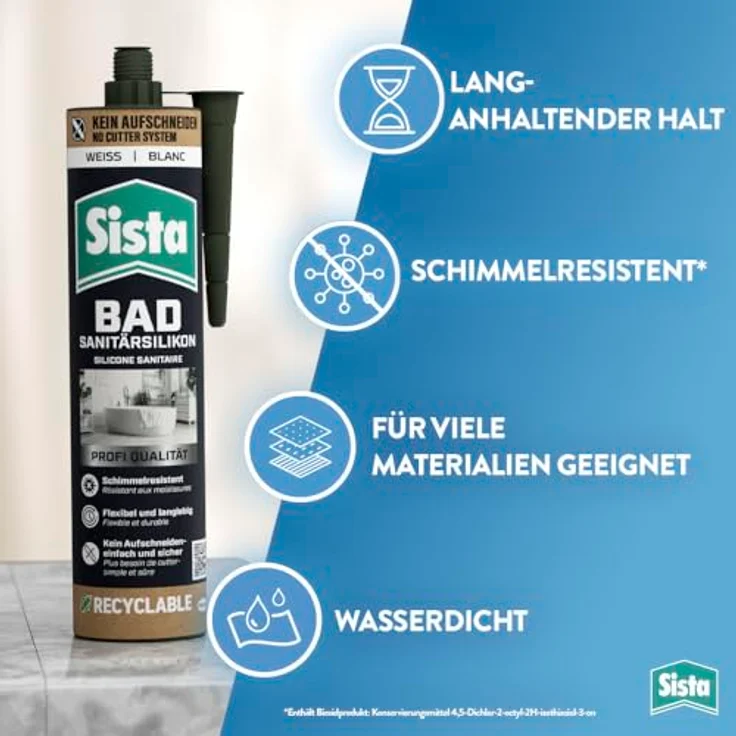 Sista Bad Sanitär Silikon, weiß, wasserfeste Dichtmasse auf Silikonbasis, 280ml Kartusche, schimmelresistent – Bild 3