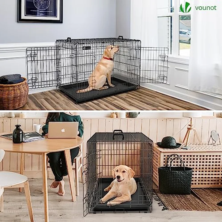 VOUNOT Hundekäfig Klappbar mit Abdeckung, Hundebox Auto Hundetransportkäfig mit Doppeltüren, 2 Transportgriffen & Bodenschale, XL 107 x 70 x 78 cm, Schwarz – Bild 3