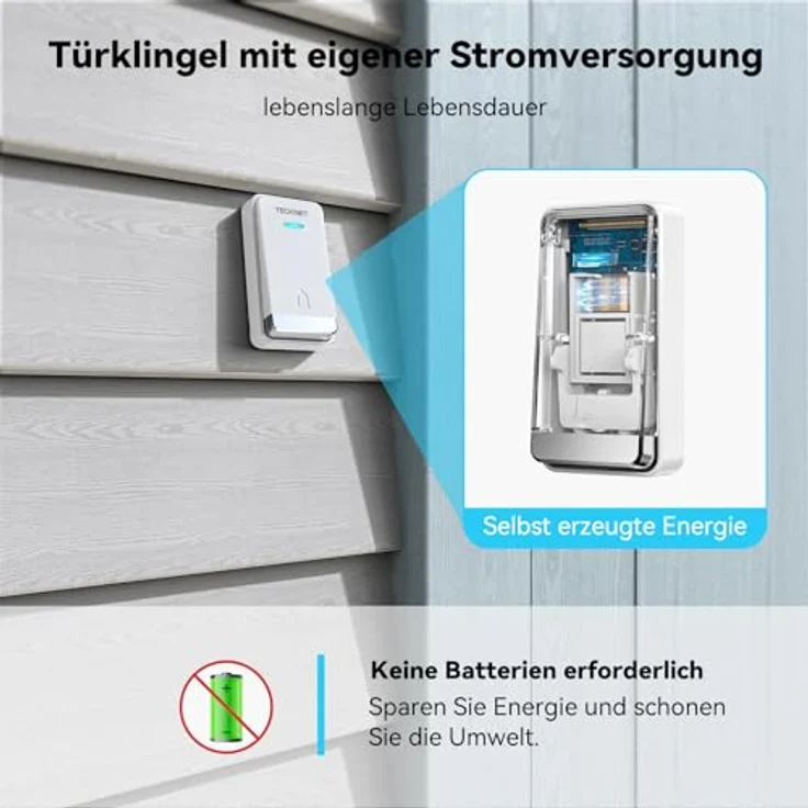 TECKNET Kabellose Türklingel, Batterielose Steckdosen-Funkklingel mit IP44 Wasserschutz, 32 Klingeltönen, 5 Lautstärkestufen, 400m Reichweite und LED Anzeige – Bild 3