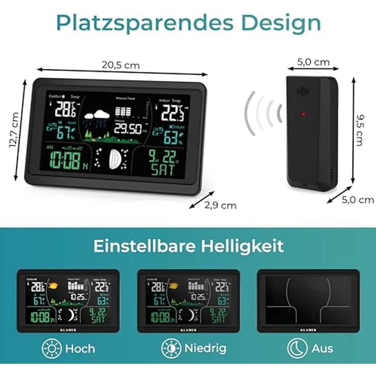 KLAMER Wetterstation Funk mit Außensensor, digitale Funkwetterstation mit Temperaturwarnung, Raumthermometer innen und außen, Wecker, Barometer, RCC Funkuhr, batteriebetrieben und netzbetrieben, schwarz – Bild 4