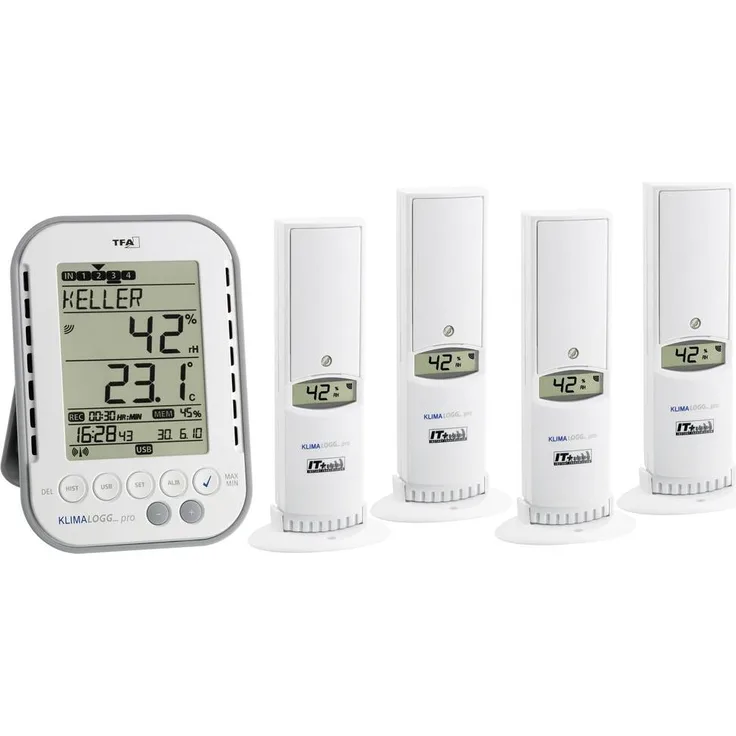 TFA Dostmann KLIMALOGG PRO Profi Set Luftfeuchtemessgerät, 1% rF - 99% rF, Alarmfunktion, Funkübertragung, ideal für Raumklimaüberwachung