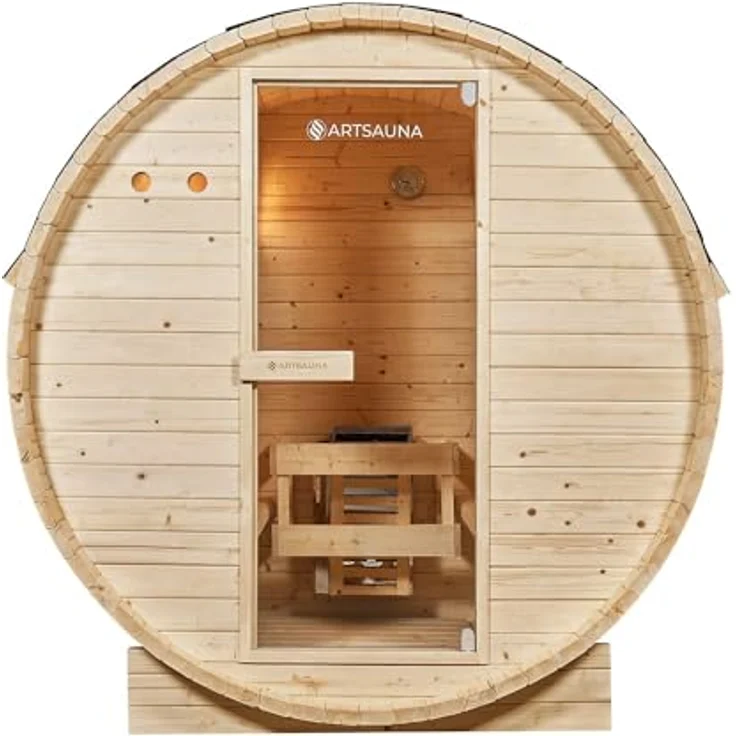Artsauna Fasssauna Spitzbergen 120, für 2 Personen, Fichtenholz, 3,6 kW Elektro-Ofen, Komplett-Set, Naturfarben – Bild 6