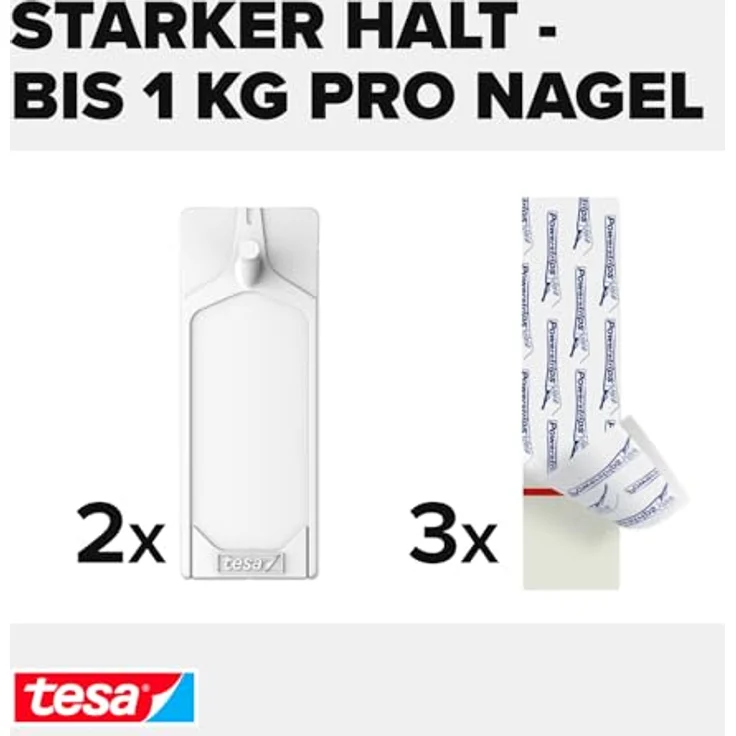 tesa Klebenagel für Tapeten und Putz - Selbstklebende Nägel für empfindliche Oberflächen - Leicht anzubringen und zu entfernen - rückstandslos - 2 x 1kg Halteleistung – Bild 3