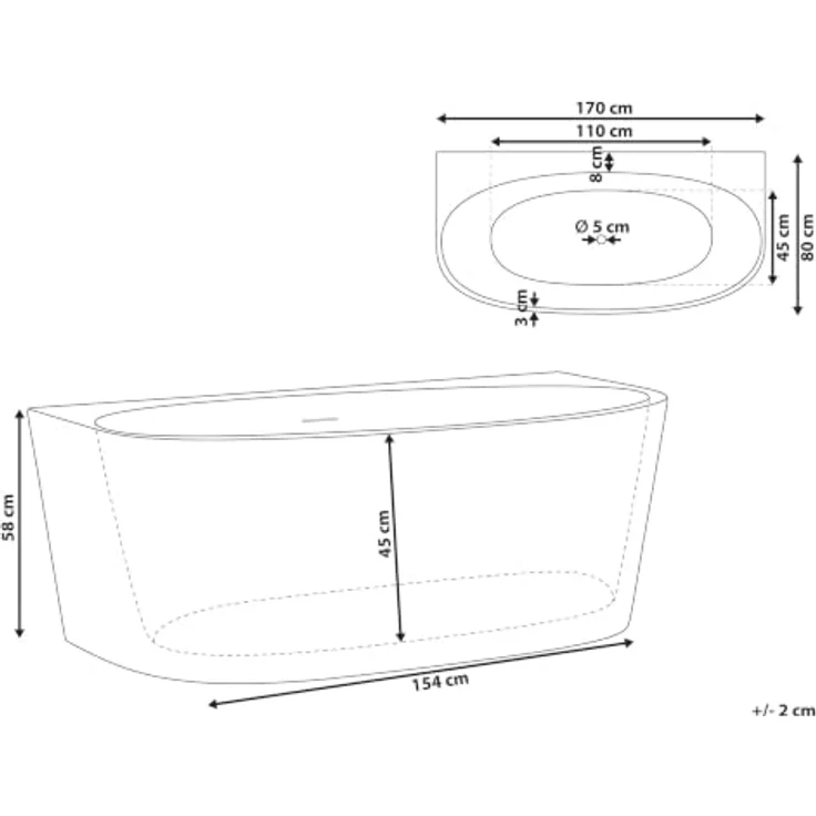 Beliani Badewanne Parnaiba, 280 l, 170 cm, 80 cm, klassisches weißes Acryl, wandmontierbar, platzsparend – Bild 3