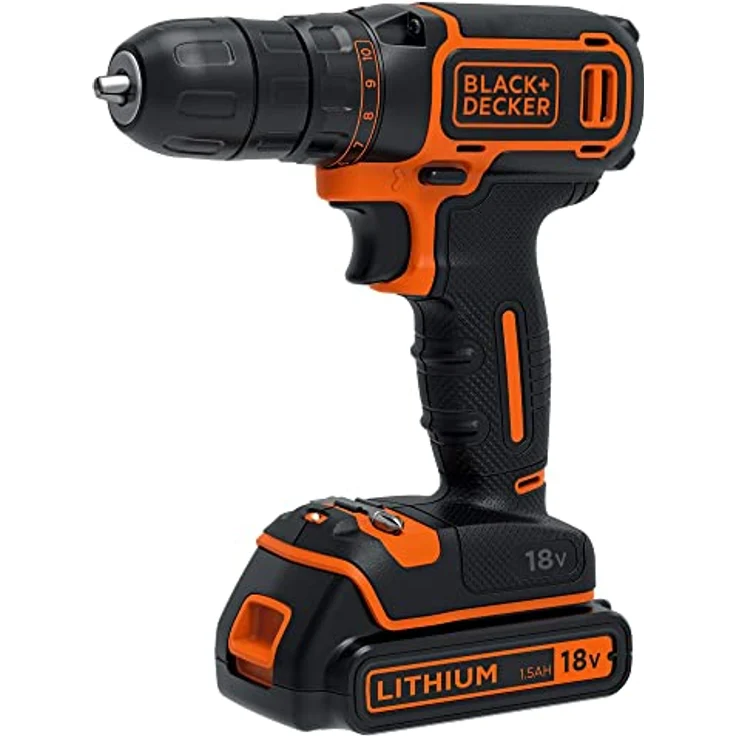 Black+Decker Akku-Bohrschrauber (18V, Li-Ion Schiebe-Akku, 1 Doppelbit, 400 mA Ladegerät im Koffer, LED-Arbeitsleuchte, Planetengetriebe, Softgriff) BDCDC18K – Bild 2
