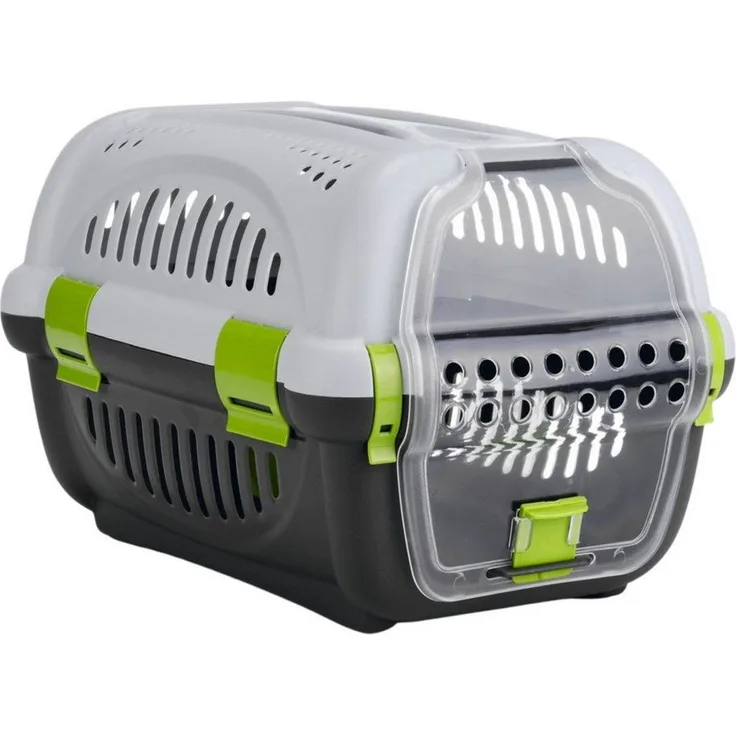 Beeztees Hunde-Transportbox Transportbox Rhino grau/grün für Hunde, Kunststofftür, abnehmbarer oberer Teil