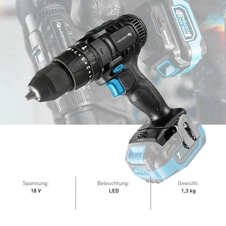 HÖGERT TECHNIK Akku-Schlagbohrschrauber Set 18V, 50 Nm, 2,0 Ah Akku, 4A Ladegerät, Metallgetriebe, LED-Beleuchtung, für Beton, Holz & Metall – Bild 5
