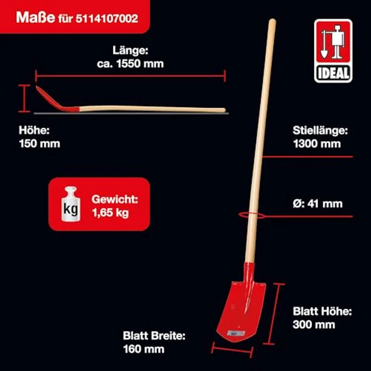 Ideal Spaten Kabelgrabenschaufel 16cm Größe 1, Eschestiel 130cm, Angebogener Trittschutz – Bild 3