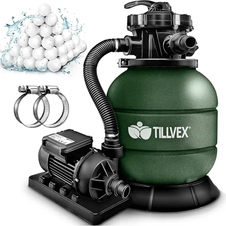 tillvex Sandfilteranlage 7.900L/h, Filteranlage mit 400g Filterbällen, Pumpe und 7-Wege Ventil für Pool und Schwimmbecken – Bild 1