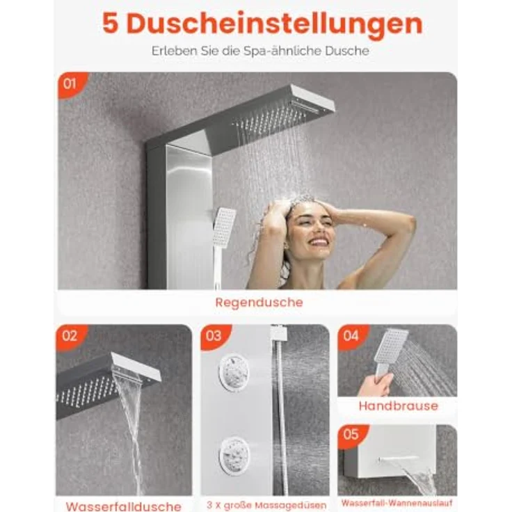 VEVOR Duschpaneel-Turmsystem (5 in 1), Edelstahl Duschsäule mit Regenwasserfall-Duschkopf, Handbrause, Wannenauslauf & 3 Körperdüsen, 1345 mm – Bild 3