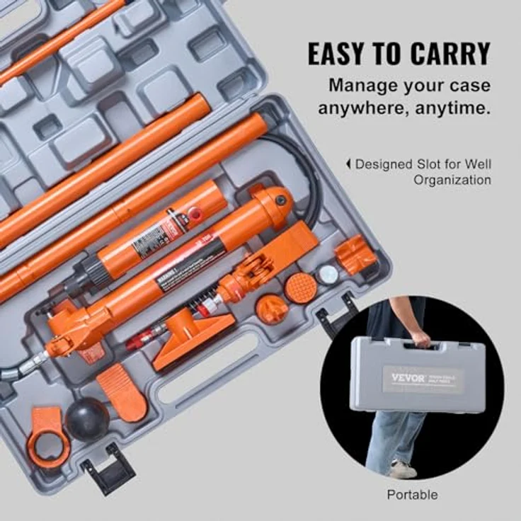 VEVOR Hydraulikzylinder Bausatz, tragbarer hydraulischer Wagenheber 10 t mit 1,4 m Ölschlauch, Autokarosserierahmen-Reparaturset im robusten Aufbewahrungskoffer, orange – Bild 5