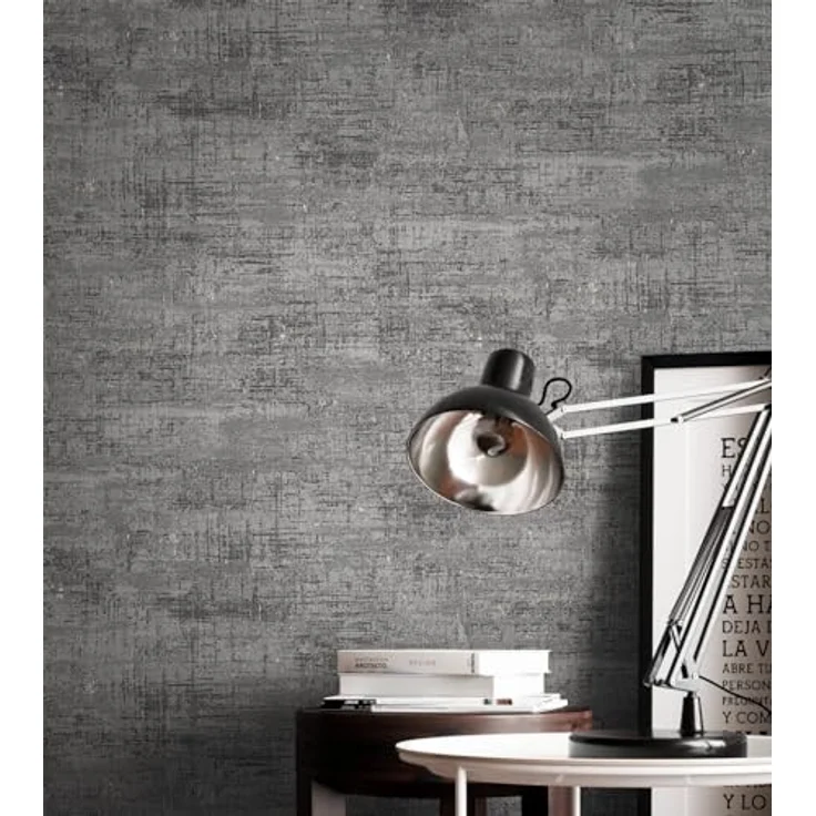 Newroom Vliestapete Betonoptik Schwarz, Industrial Used Look mit Metallic Glanz, 10,05 m x 0,53 m, hochwaschbeständig und lichtbeständig – Bild 5