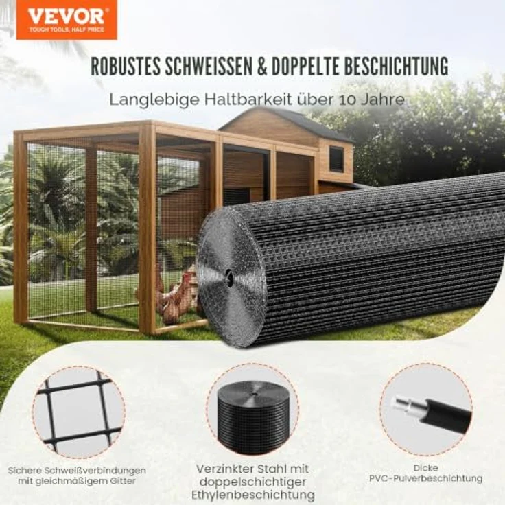 VEVOR Maschendraht 1220 x 30480 mm, 19 Gauge, vinylbeschichtetes Metalldrahtgeflecht für Hühnerstallbarrieren und Kaninchenzäune, schwarz – Bild 2