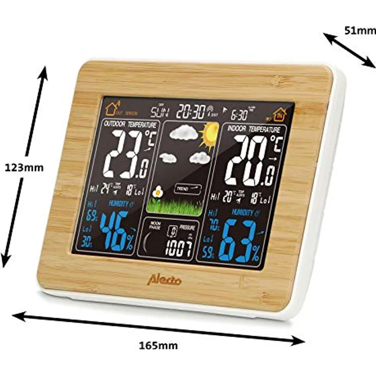 Alecto WS-1560 Wetterstation, Braun, mit drahtlosem Außensensor, animierter Wettervorhersage und Weckerfunktion – Bild 8