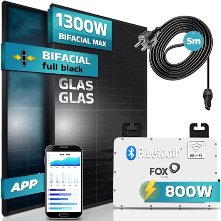 SUNNIVA® 1300W Balkonkraftwerk 800W, Bifaziale Glas-Glas Solarmodule, FOX ESS Wechselrichter, Schwarz, 5m Kabel