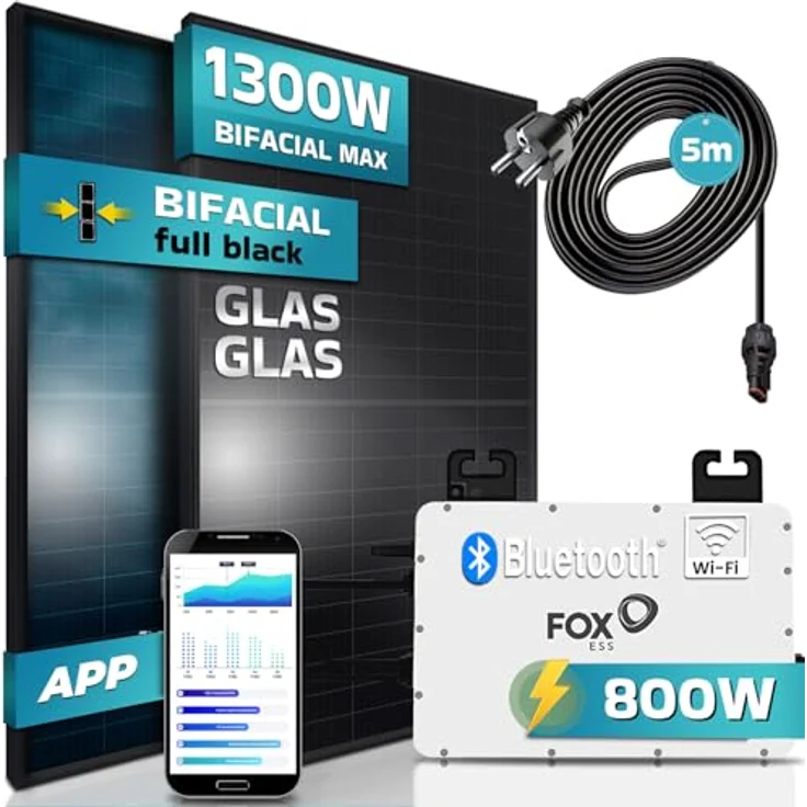 SUNNIVA® 1300W Balkonkraftwerk 800W, Bifaziale Glas-Glas Solarmodule, FOX ESS Wechselrichter, Schwarz, 5m Kabel – Bild 1