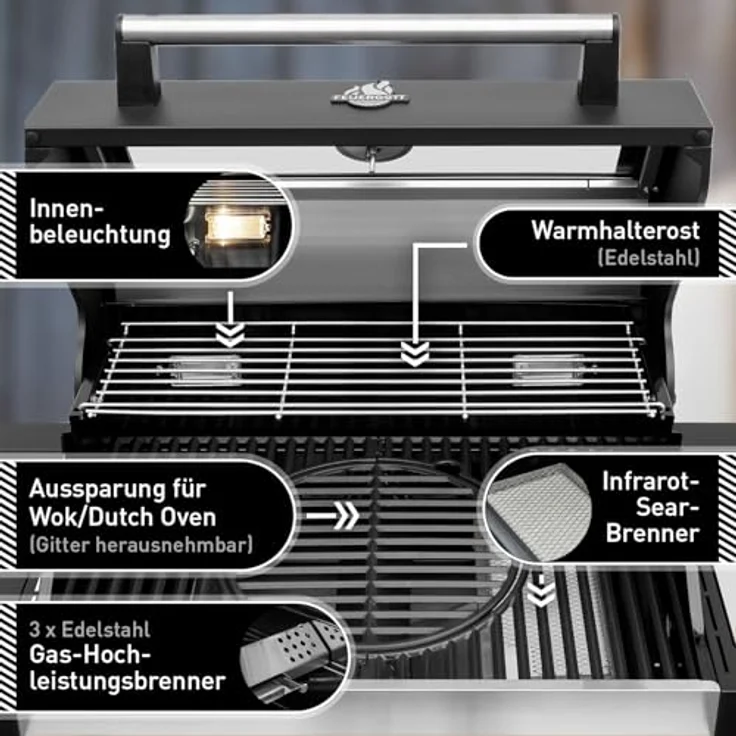 Feuergott Gas-Grillstation Hektor 3B-S mit 3 Hochleistungsbrennern und integriertem Seitenbrenner, inkl. Abdeckhaube – Bild 4