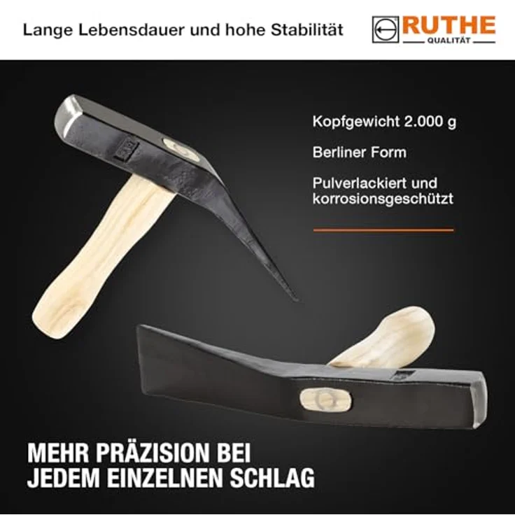 Ruthe Pflasterhammer 3020059119, 2000 g, Berliner Form, Qualitätsstahl, schwarzer Kopf, heller Eschenstiel, 190 mm – Bild 3