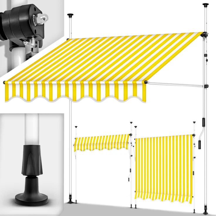 tillvex Balkonmarkise Gelenkarm Markise Klemmmarkise Sonnenmarkise Balkon ohne Bohren Gelb/Weiß 300 cm - Höhenverstellbar, UV-beständig, einfach zu montieren