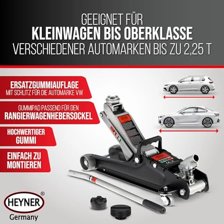 HEYNER® Hydraulischer Wagenheber UltraLowLift PRO, 2,25t Tragkraft, Hubhöhe 85–380 mm, Chrom-Vanadium, extra flach mit Gummiauflage & Tasche, inkl. TrolleyPad PRO – Bild 2