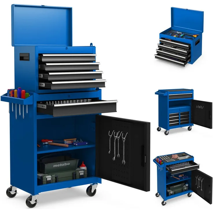 COSTWAY Werkstattwagen, max. Traglast:100,00 kg, mit 5 Schubladen, abnehmbar, Schwarz/Blau