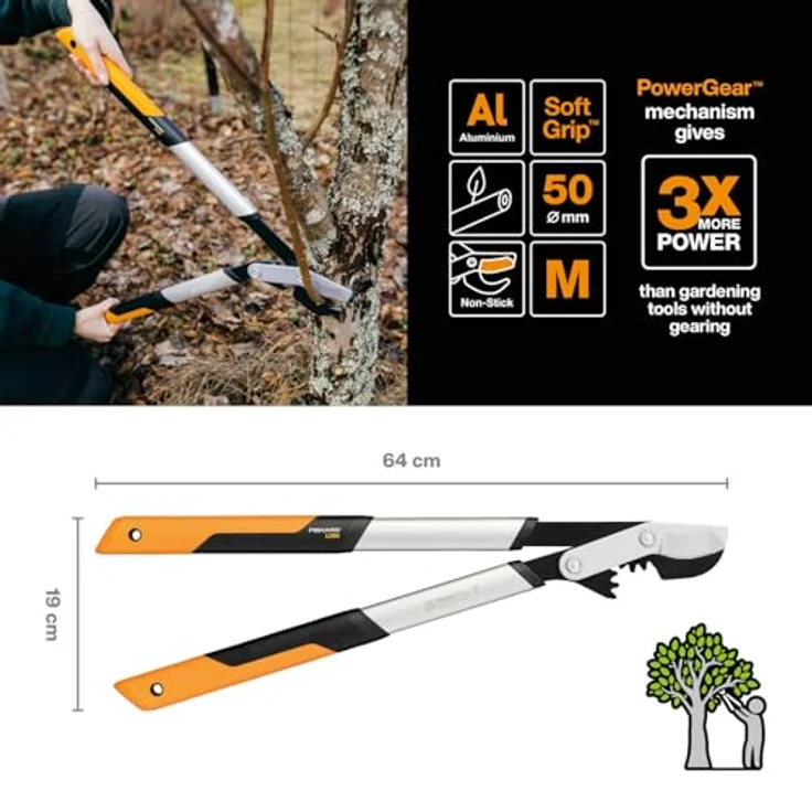Fiskars PowerGear X Bypass-Getriebeastschere für frisches Holz, Antihaftbeschichtet, Gehärteter Präzisionsstahl, Länge 64 cm, Schwarz-Orange, LX94-M, 1020187 – Bild 2