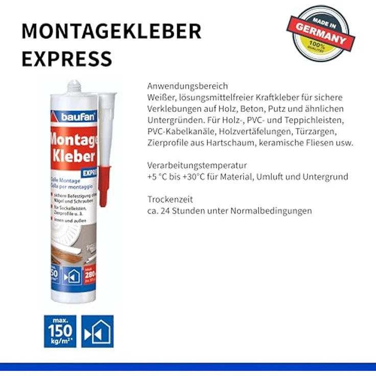 Baufan Montagekleber 280ml Express, universeller Alleskleber für Holz, Dämmplatten, Keramik und PVC, lösungsmittelfrei, weiß – Bild 2