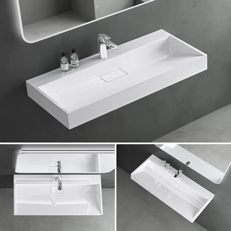 Mai & Mai Aufsatzwaschbecken Waschbecken Col19, Design Waschbecken inkl. Ablaufgarnitur, Gussmarmor, weiß – Bild 6
