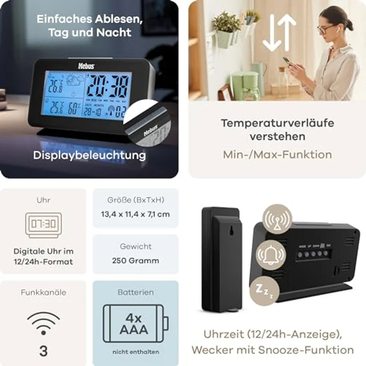 Mebus Digitale Funk-Wetterstation 40689, Wettervorhersage, Außensensor, Thermometer innen und außen, Kalender, backgroundbeleuchtung, Schwarz – Bild 5