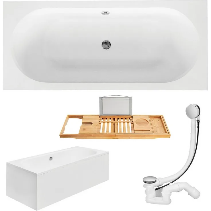 KOLMAN Badewanne Rechteck VITAE 150x75, Weiß, mit Acrylschürze und Bambus Ablage, Ecke montierbar