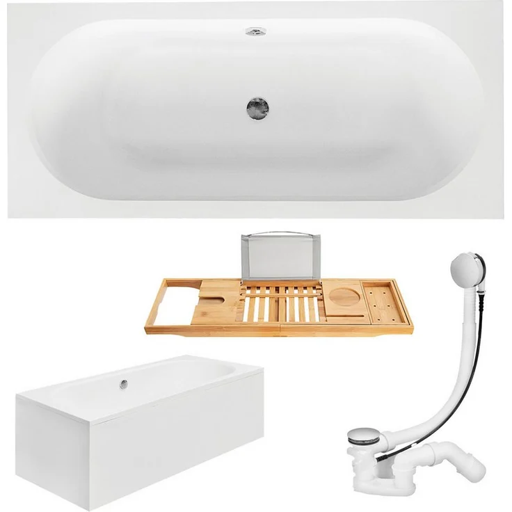 KOLMAN Badewanne Rechteck VITAE 150x75, Weiß, mit Acrylschürze und Bambus Ablage, Ecke montierbar