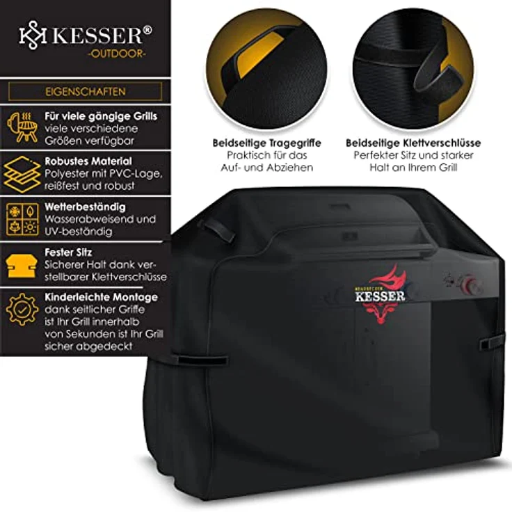 KESSER Premium BBQ Grillabdeckung Gasgrill Grillhaube Abdeckung Wetterfest - für Weber, Brinkmann, Char Broil Grill Abdeckhaube Schutzhülle 600D Oxford- Gewebe Reißfest Schwarz, 152 x 71 x 112 cm (BxTxH) – Bild 2