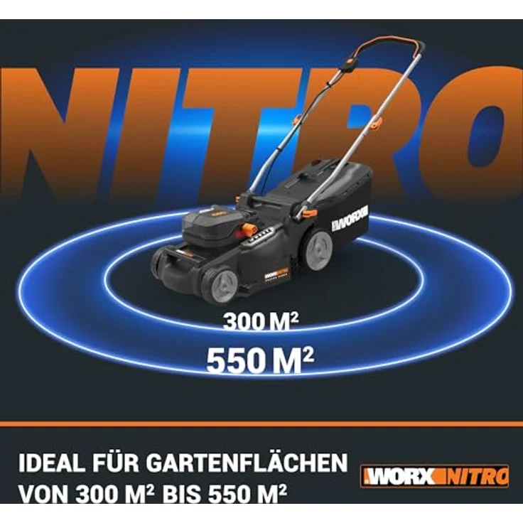 WORX WG737E Nitro Akku-Rasenmäher 40V(2x20V) - leistungsstarker bürstenloser Motor - 37cm Schnittbreite - 6 Schnitthöhenstufen (20-70mm) - 40L Grasfangsack - inkl. 2x4Ah Akkus & Dual-Ladegerät – Bild 4