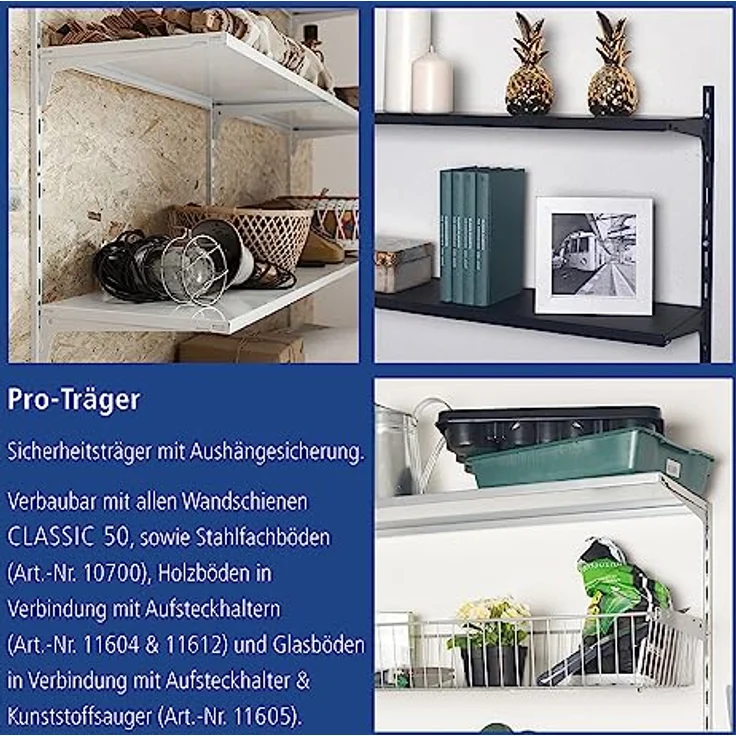 Element System 18133-00003 PRO-Träger Regalträger 1-reihig - 2 Stück - 7 Abmessungen - 3 Farben-L = 20 cm-weiß-für Regalsystem-Wandschiene – Bild 6