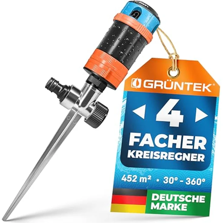 GRÜNTEK 4-facher Multifunktions-Kreisregner, großflächiger Sprinkler bis 452 qm mit Sektoreinstellung 30°-360° und 4 Strahlarten für optimale Gartenbewässerung – Bild 1