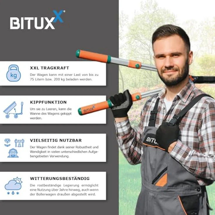 BITUXX Gartenwagen Handwagen 200 kg Tragkraft, kippbar, 75L Mulde, Stahlrahmen – Bild 4