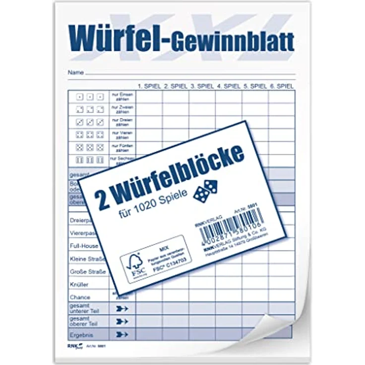 RNK 5801 - Würfelspiel-Block DIN A5, 2 Block je 85 Blatt für 1.020 Spiele – Bild 1