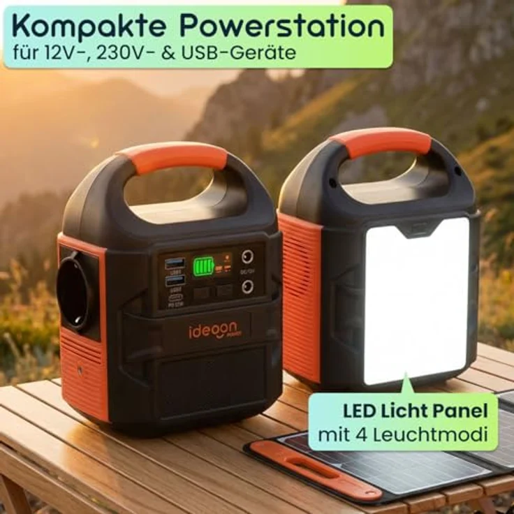 ideoon Mobiles Powerstation Set 88,8Wh mit 20W Solarmodul, 230V Steckdose, USB-C PD 65W, LED-Leuchte für Camping & Outdoor, schwarz-orange – Bild 4
