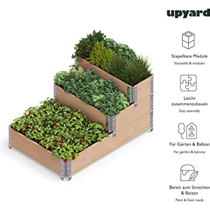 Upyard Stepped Bed - modernes Hochbeet aus Paletten - modulares, mehrstufiges Hochbeet aus Naturholz für Garten und Terrasse, 120x80x58,5, Braun – Bild 3