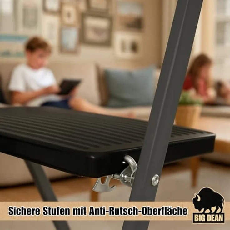 BigDean Trittleiter 3 Stufen klappbar, TÜV geprüfte Sicherheit, bis 150 kg belastbar, rutschfester Stand, schwarz – Bild 5
