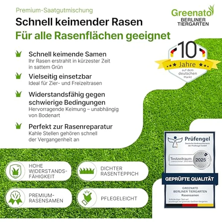 Greenato 10 kg Rasensamen schnellkeimend Berliner Tiergarten, Moosvernichter und Schattenrasen für 400 m², strapazierfähig und pflegeleicht – Bild 2
