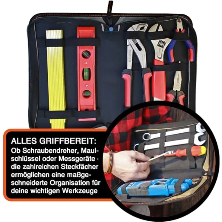 YPC ZipCaddy L – Werkzeugmappe mit 17 Halteschlaufen, großer Außentasche, wasserfestem Oxford 600D Material, in Khaki, Grau oder Blau – Bild 3