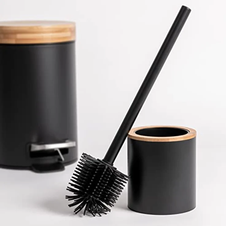 KAZAI. Silikon Toiletten-Bürste & Klobürsten-Halter in Holzoptik | Klobürste in Edelstahl mit Silikonkopf | Metall WC-Bürsten-Halter in Natur-Bambus | Stehende WC-Bürste für das Badezimmer | Schwarz – Bild 3